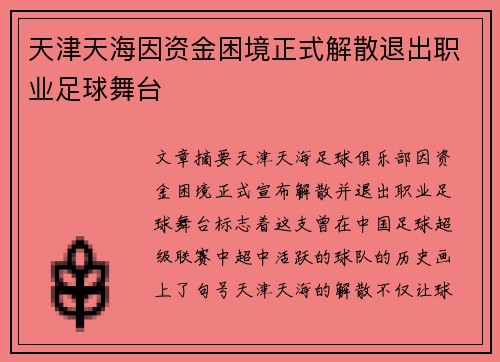 天津天海因资金困境正式解散退出职业足球舞台