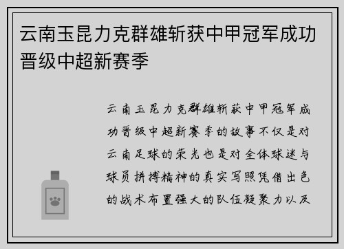云南玉昆力克群雄斩获中甲冠军成功晋级中超新赛季